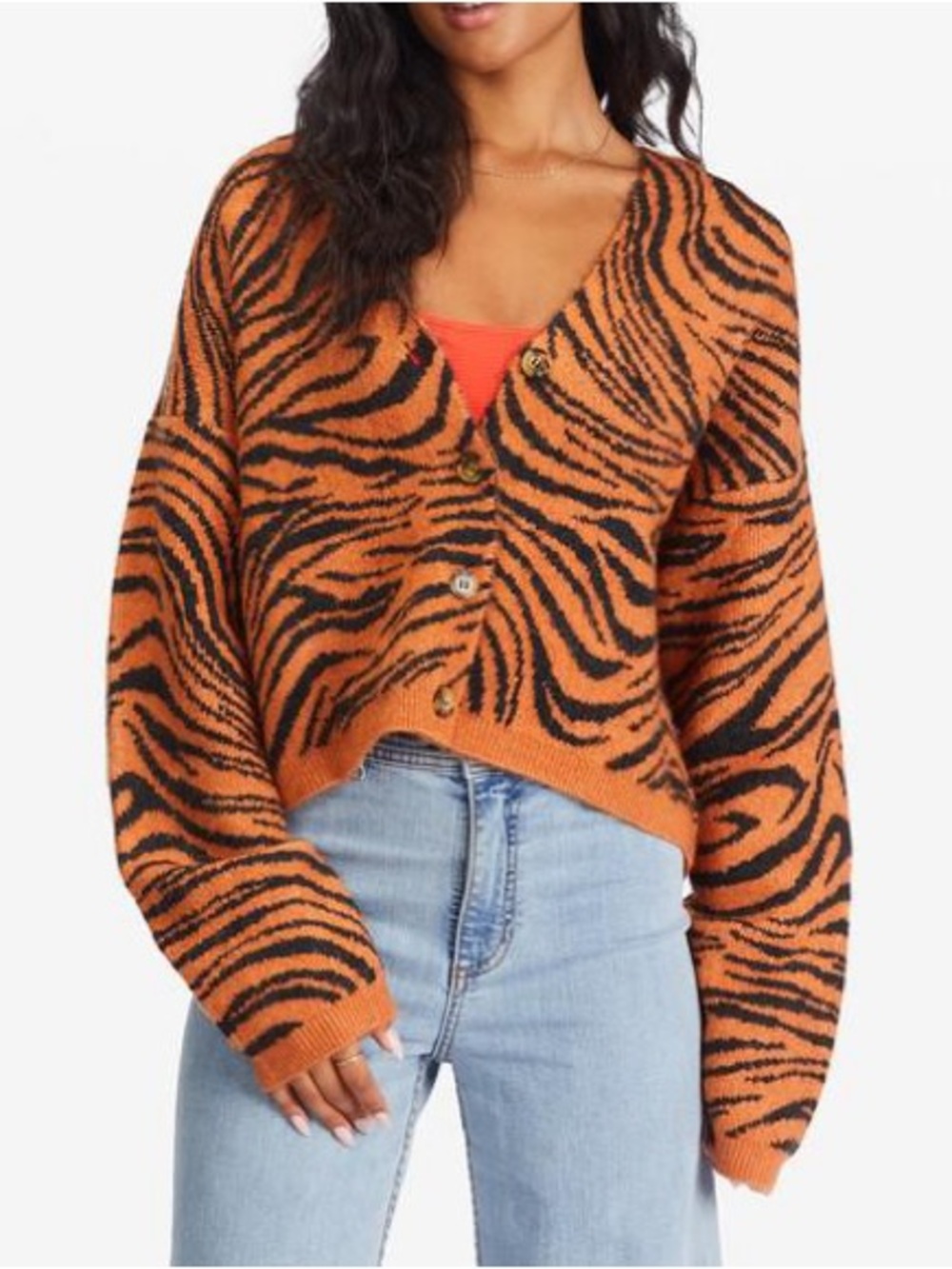 Billabong Orange and Black Tiger-Print V-Neck Button Cardigan
